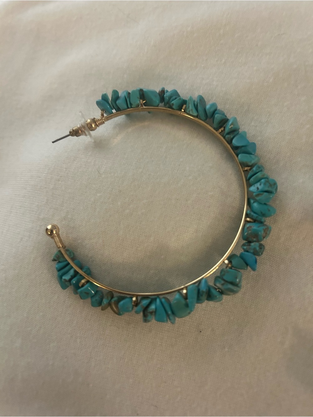 Gold Hoop Earrings with Turquoise Stone Chips - Picture 2 of 2